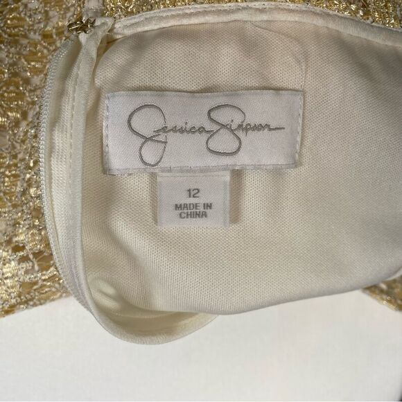 Jessica Simpson Gold Shimmer Lace Overlay Fit & Flare Sleeveless Party Dress 12 - Picture 8 of 10